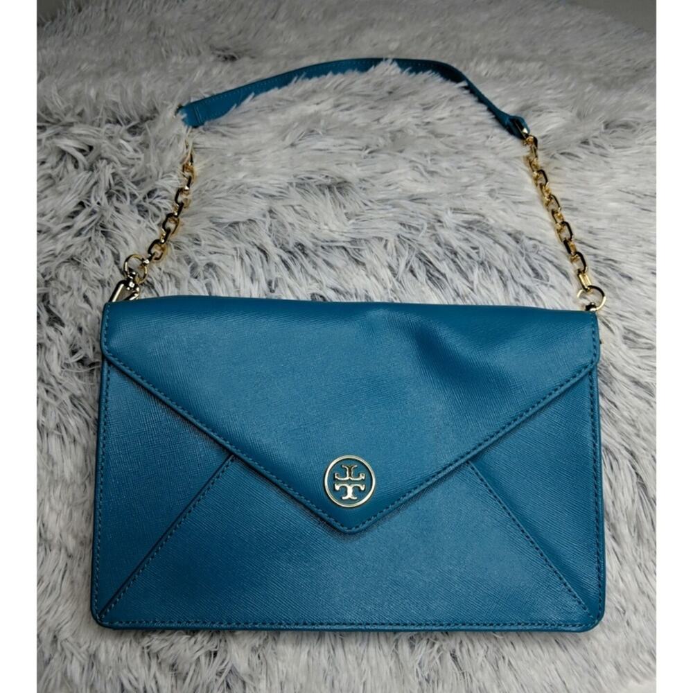 Tory Burch Robinson Envelope Clutch Saffiano Leather Pocket Chain Turquoise Blue